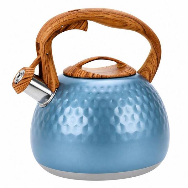 3.1 qt. 12-Cup Stainless Steel Whistling Induction Stovetop Tea Kettle with Wood Pattern Handle in Blue