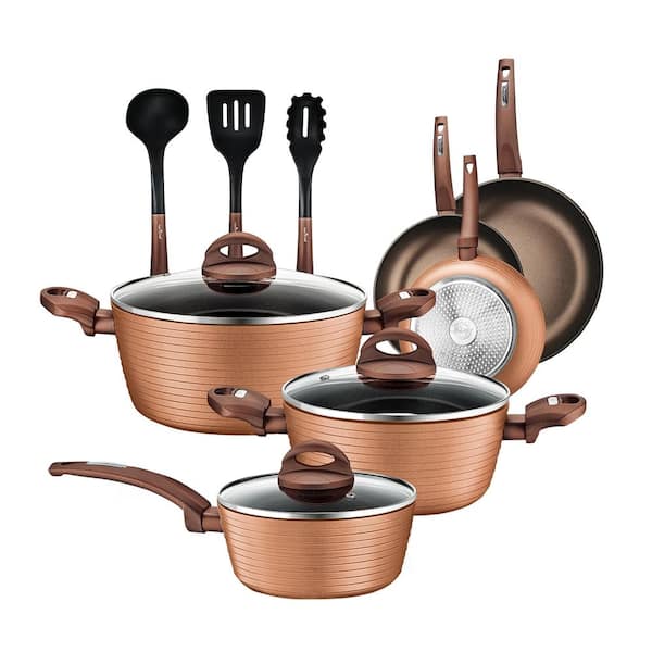 NutriChef 12-Piece Reinforced Forged Aluminum Non-Stick Cookware Set in Bronze