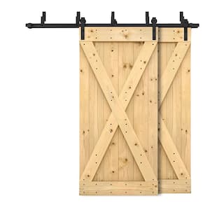 56 in. x 84 in. X Bypass Unfinished DIY Solid Wood Interior Double Sliding Barn Door with Hardware Kit