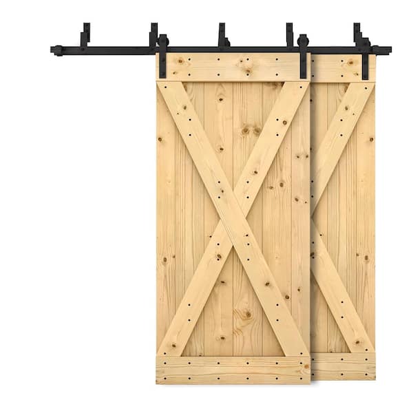 CALHOME 68 in. x 84 in. X Bypass Unfinished DIY Solid Wood Interior Double Sliding Barn Door with Hardware Kit