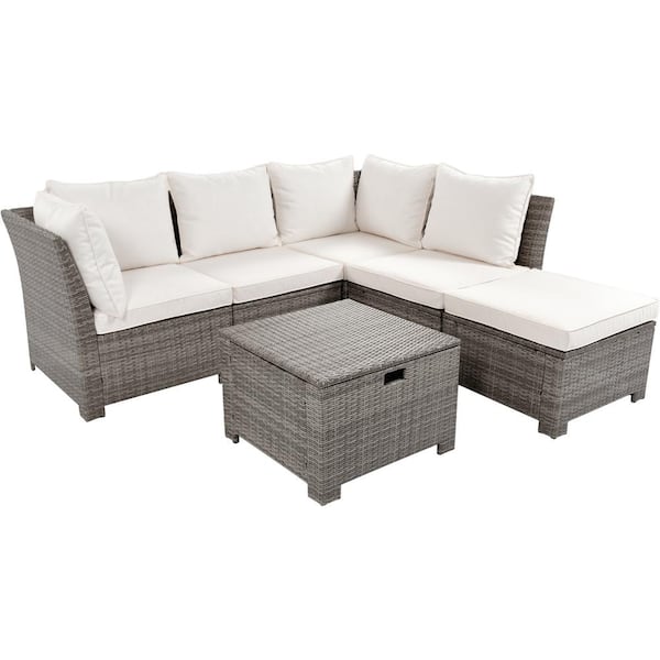 Zeus & Ruta 6-Pieces Gray Wicker Outdoor Sectional Set with Beige Cushions, 2-Corner Chairs, 2-Single Chairs, 1-Ottoman, and 1-Table