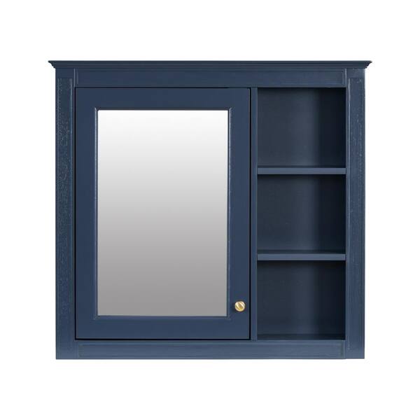 30 in. W x 28 in. H Rectangular Wood Medicine Cabinet with Mirror and 3-Open Shelves in Blue