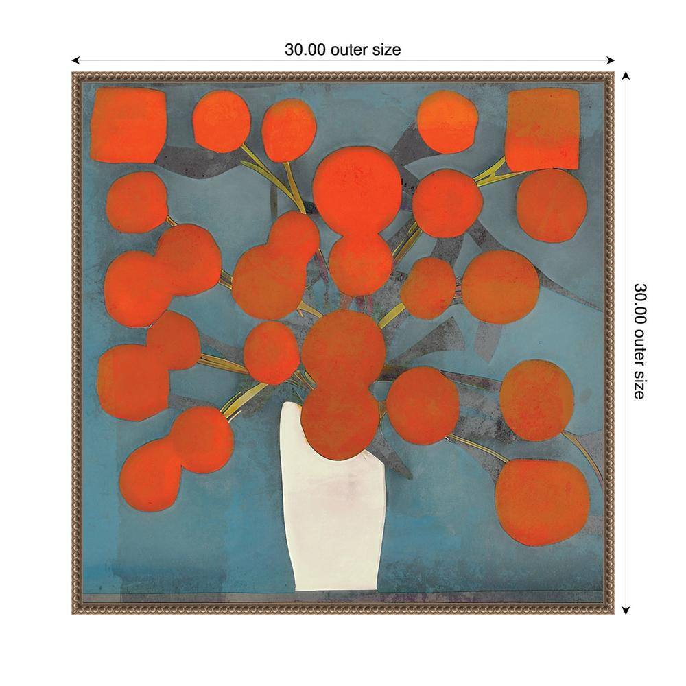 Abstract Orange Flowers on Blue Canvas with Bronze Frame