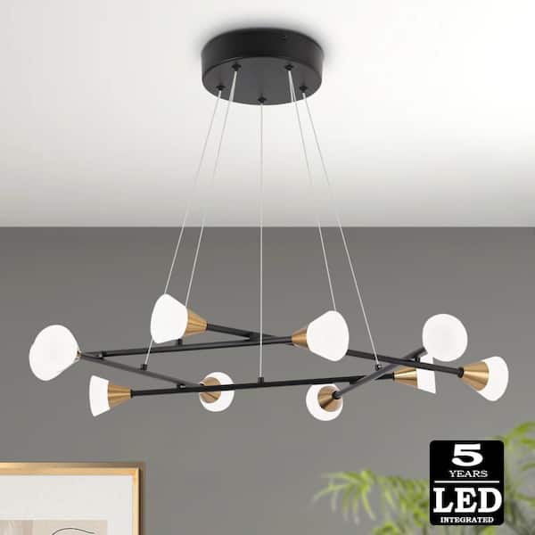 28 in. 10-Light Integrated LED Brass Sputnik Chandelier, Modern Black Pendant Light, Round Hanging Light Fixture