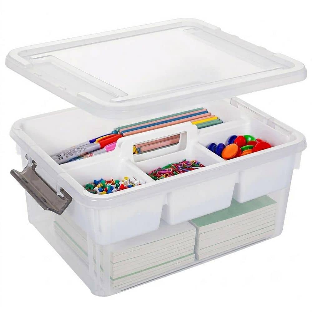 17-Quart Stackable Storage Bin with Removable Multi-Layer Tray, Latching Handle, Clear Plastic in Clear White