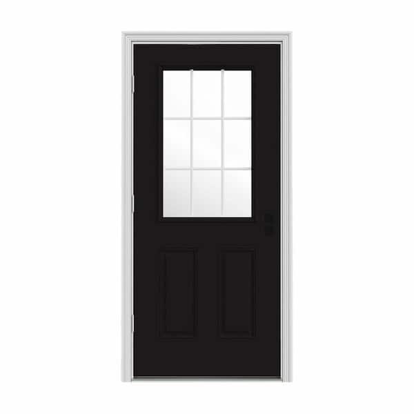 JELD-WEN 32 in. x 80 in. 9 Lite Black Painted Steel Prehung Right-Hand Outswing Entry Door w/Brickmould
