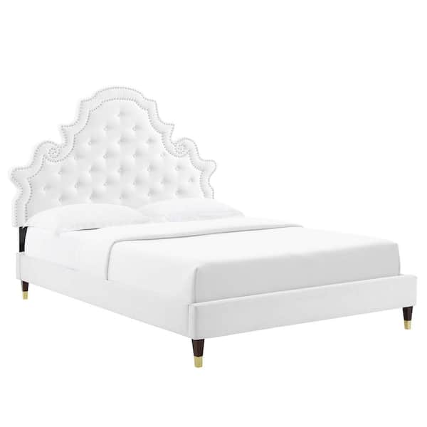 MODWAY Gwyneth Tufted Performance Velvet Queen Platform Bed in White