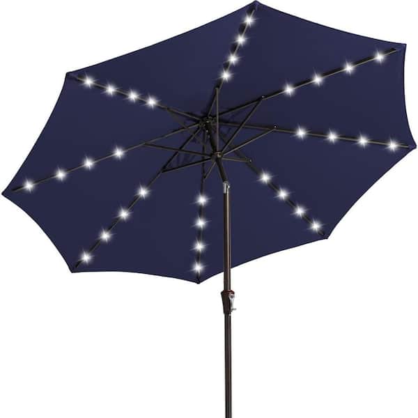 9 ft. Outdoor Patio Umbrella with Solar Lights, Tilt, Crank, LED Lighted Umbrella for Deck, Yard, Pool and Market, Navy