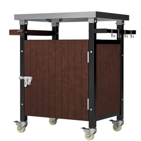 Brown Stainless Steel and Wood 32.40 in. Kitchen Island with Wheels, Hooks, and Spice Rack Rolling Bar Cart