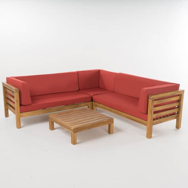 Noble House Oana Teak Finish 4-Piece Wood Outdoor Sectional Set with Red Cushions