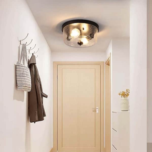HKMGT 10.63 in. 2-Light Black Farmhouse Flush Mount with Seeded