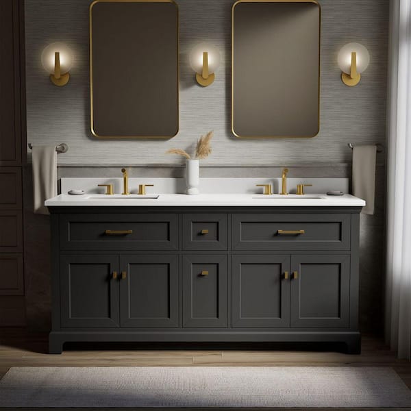 Charlemont 74 in. Double Sink Freestanding Ferrous Grey Bath Vanity with White Quartz Top Assembled