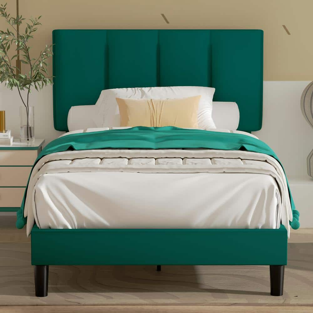 VECELO Upholstered Bedframe, Green Metal Frame Twin Platform Bed With ...