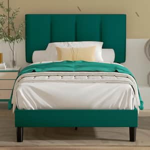 Upholstered Bedframe, Green Metal Frame Twin Platform Bed with Adjustable Headboard, Wood Slat, No Box Spring Needed