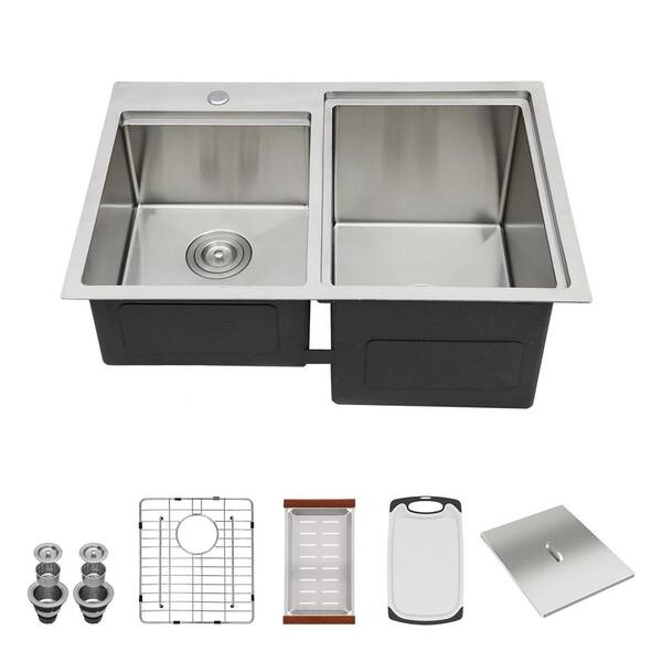 30 in. Drop-In Double Bowl 16 Gauge Brushed Nickel Stainless Steel Kitchen Sink and Bottom Grids