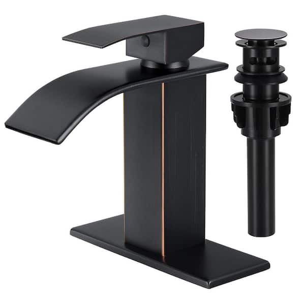 Waterfall Spout Single Handle Single Hole Bathroom Faucet with Deckplate and Pop-up Drain in Oil Rubbed Bronze