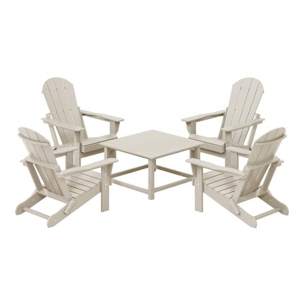 Laguna Sand Plastic Weather Resistant Adirondack Chair 5-Piece Outdoor Patio Conversation Set, Square Coffee Table