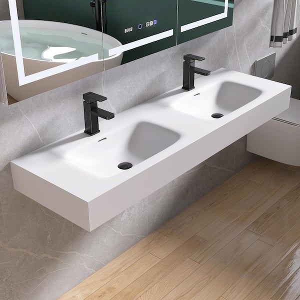 MEDUNJESS 59 in. x 18 in. x 5 in. Solid Surface Wall-Mounted Bathroom Double Vessel Sinks in White with Faucet Holes and Overflow