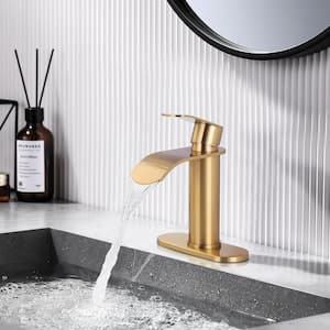 Single Handle Single Hole Bathroom Faucet with Deckplate Included and Spot Resistant in Gold
