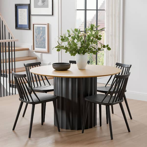 5-Pieces Round Natural Wooden Top Dining Table Set 4-Seats with Polypropylene Frame, Spindle Back Chair in Contemporary