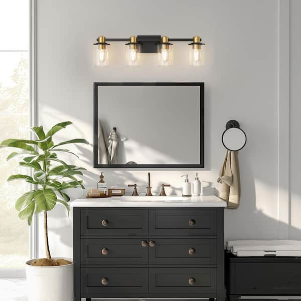 26 in. 4-Light Black and Gold Bathroom Vanity Light, Modern Wall Sconce with Clear Glass Shades for Bathroom, Mirror