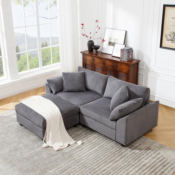 Morden Fort 83 in. Modular Cloud Couch Gray Corduroy L-shaped Sectional Sofa with Storage for Living Room Apartment Office