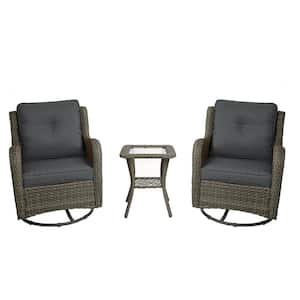 Patio Swivel Wicker Outdoor Rocking Chairs 2-Pieces and Side Table Sets with Dark Gray Cushion (Set of 2)