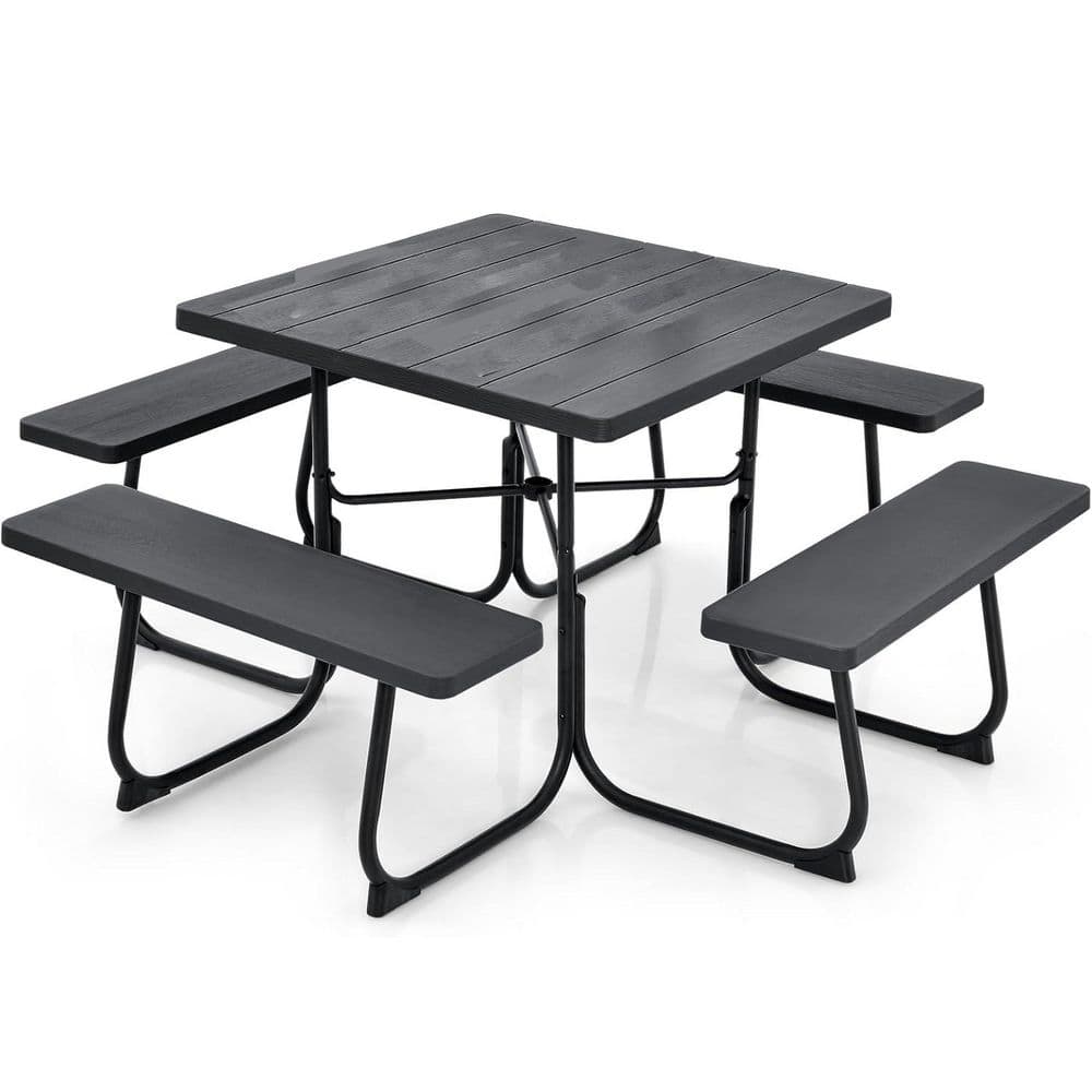 8 Person HDPE Outdoor Square Picnic Table with 4 Built-in Benches Umbrella Hole Metal Frame Black price history on PriceWatchPro