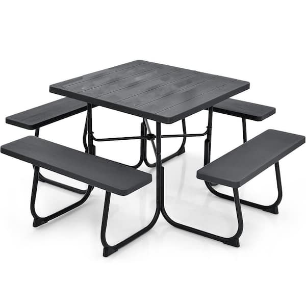 8 Person HDPE Outdoor Square Picnic Table with 4 Built-in Benches Umbrella Hole Metal Frame Black
