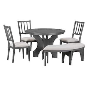 Dark Gray 5-Piece Wood Outdoor Dining Set with Light Gray Cushion, with Curved Bench and Side Chairs