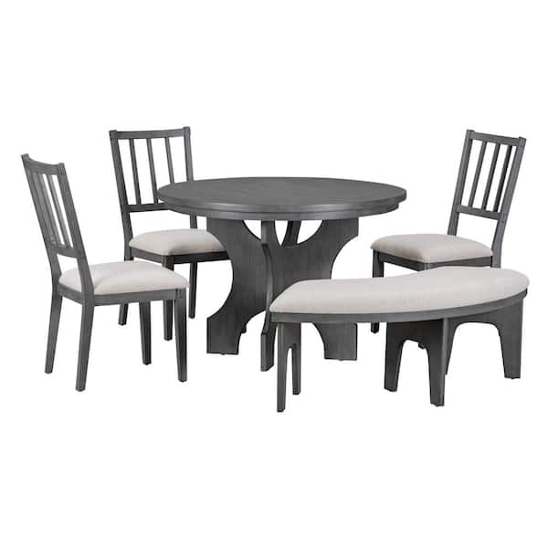 Sudzendf Dark Gray 5-Piece Wood Outdoor Dining Set with Light Gray Cushion, with Curved Bench and Side Chairs