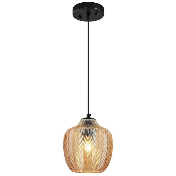 Home Lighting 60W 1-Light 6.29 in. Amber Glass Pendant-Black Finish, Height-Adjustable, for Bedrooms, Dining Rooms, etc