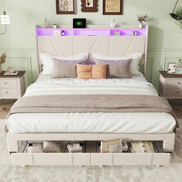 Susalt Beige Metal Frame Full Platform Bed with Smart Charging Station, LED Lights, Storage Drawers, Velvet Geometric Headboard