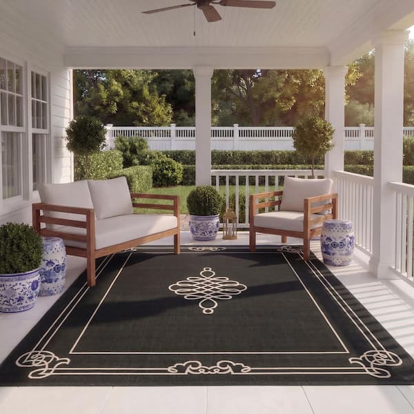 Courtyard 10 ft. x 14 ft. Black/Creme Ornate Border Medallion Indoor/Outdoor Area Rug