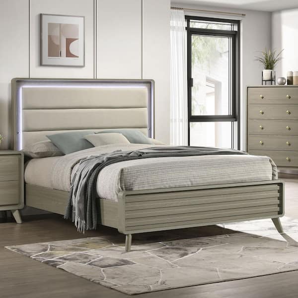 Sander Gray Wood Frame Queen Panel Bed with LED on Channel Upholstered Headboard