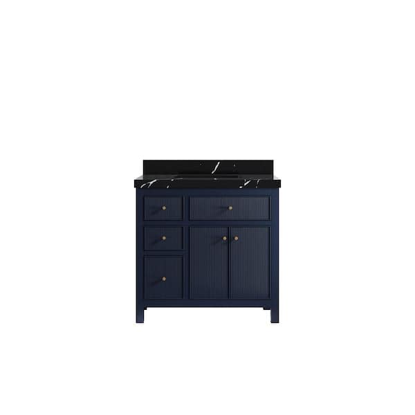 Willow Collections Sonoma 36 in. Single Sink Freestanding Navy Blue Bath Vanity with Calacatta Black Quartz Top Unassembled