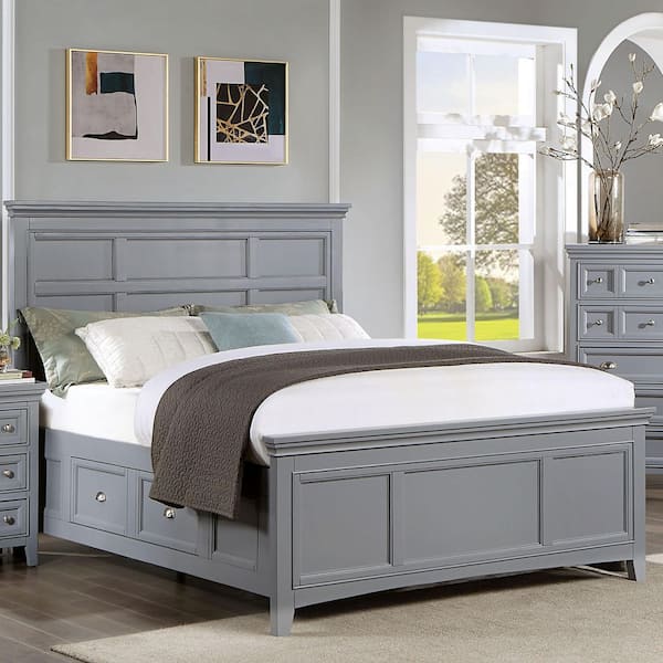 Furniture of America Ranchero Gray Wood Frame Queen Platform Bed with 4-Side Drawers