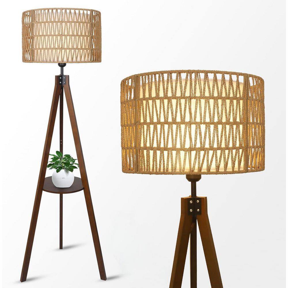 59 in. Brown Boho Tripod Floor Lamp with Shelves, Mid Century Wood Standing Lamp with Rattan Shades, ON/Off Foot Switch price history on PriceWatchPro