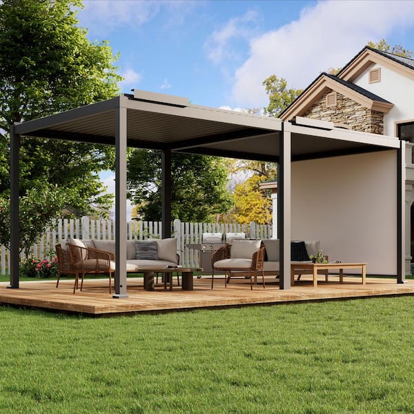 10 ft. x 20 ft. Gray Aluminum Louvered Pergola with LED Lights, Rain Sensor and Electric Projector Screen