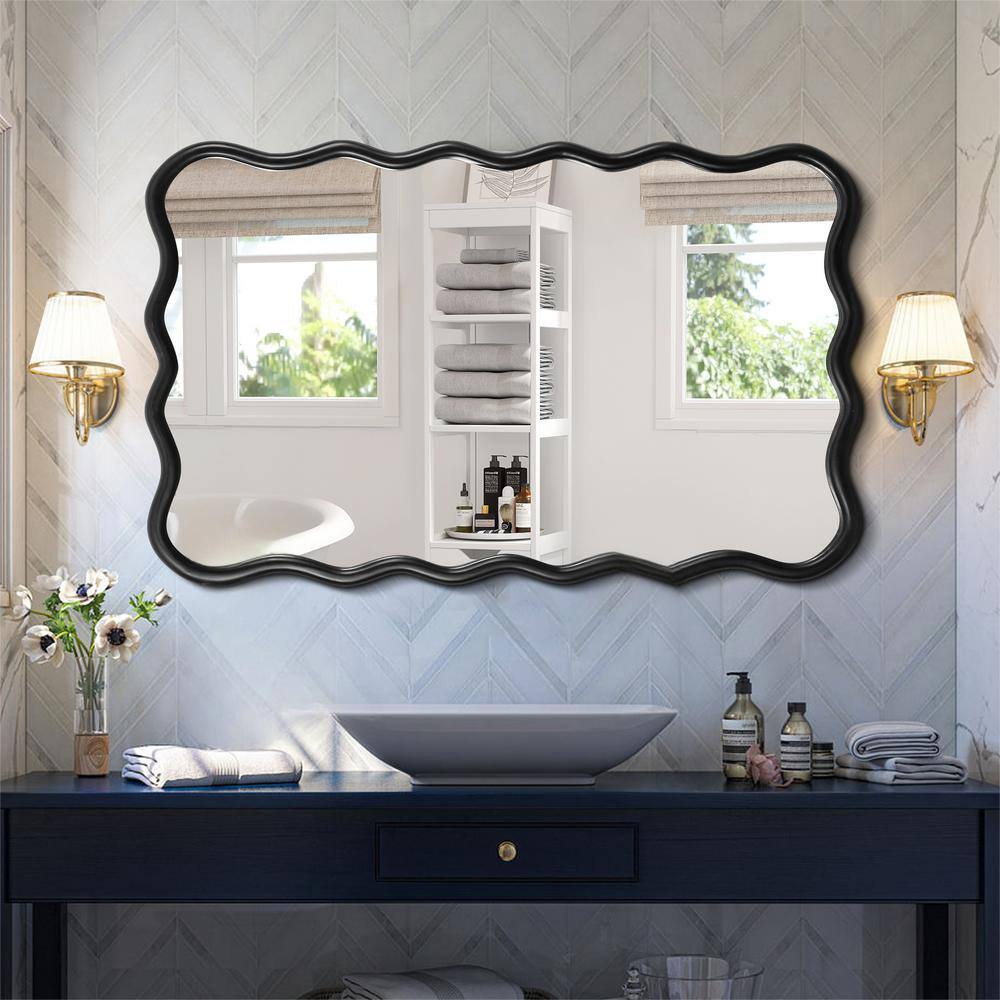 Antique Black Solid Wood Wavy Rectangular Wall Mirror