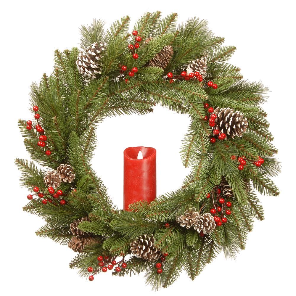 National Tree Company 24 in. Artificial Feel Real Bristle Berry Wreath with Red Electronic Candle, Red Berries and Cones