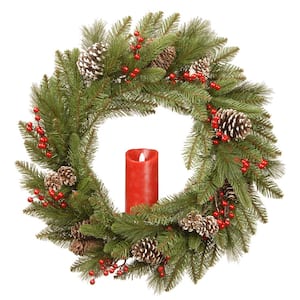 24 in. Artificial Feel Real Bristle Berry Wreath with Red Electronic Candle, Red Berries and Cones