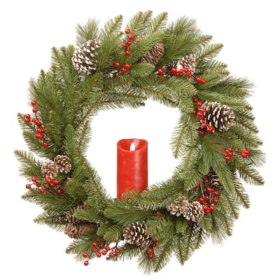 24 in. Feel Real Bristle Berry Wreath with Red Electronic Candle, Red Berries and Cones
