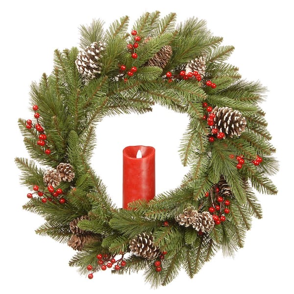 National Tree Company 24 in. Artificial Feel Real Bristle Berry Wreath with Red Electronic Candle, Red Berries and Cones