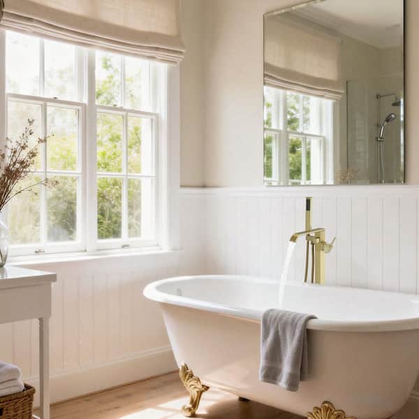 Single-Handle Floor Mount Freestanding Bathtub Faucet Waterfall Tub Filler with Handheld Shower in Brushed Gold