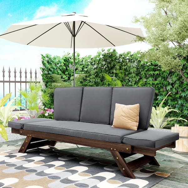 Solid Wood Outdoor Adjustable Chaise Lounge Day Bed Sofa in Brown with Gray Cushions