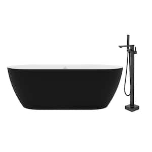 59 in. 30 in. Stone Resin Non-Whirlpool Soaking Bathtub in Matte Black Outside and White Inside with Matte Black Faucet