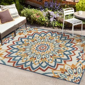 Flora Abstract Bold Mandala High-Low Red/Blue/Yellow 5 ft. x 8 ft. Indoor/Outdoor Area Rug