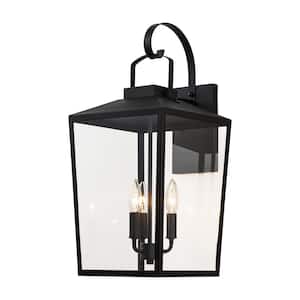 22 in. H Matte Black Outdoor Hardwired Wall Lantern Sconce with Clear Tempered Glass Shade and No Bulbs Included