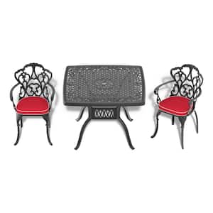 Lily Black 3-Piece Cast Aluminum Outdoor Dining Set with Square Table and Dining Chairs with Random Color Cushion